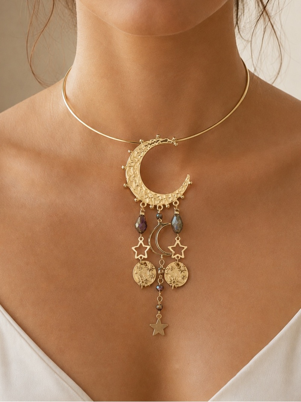 Gold Celestial Moon Pendant Choker with Iridescent Beads